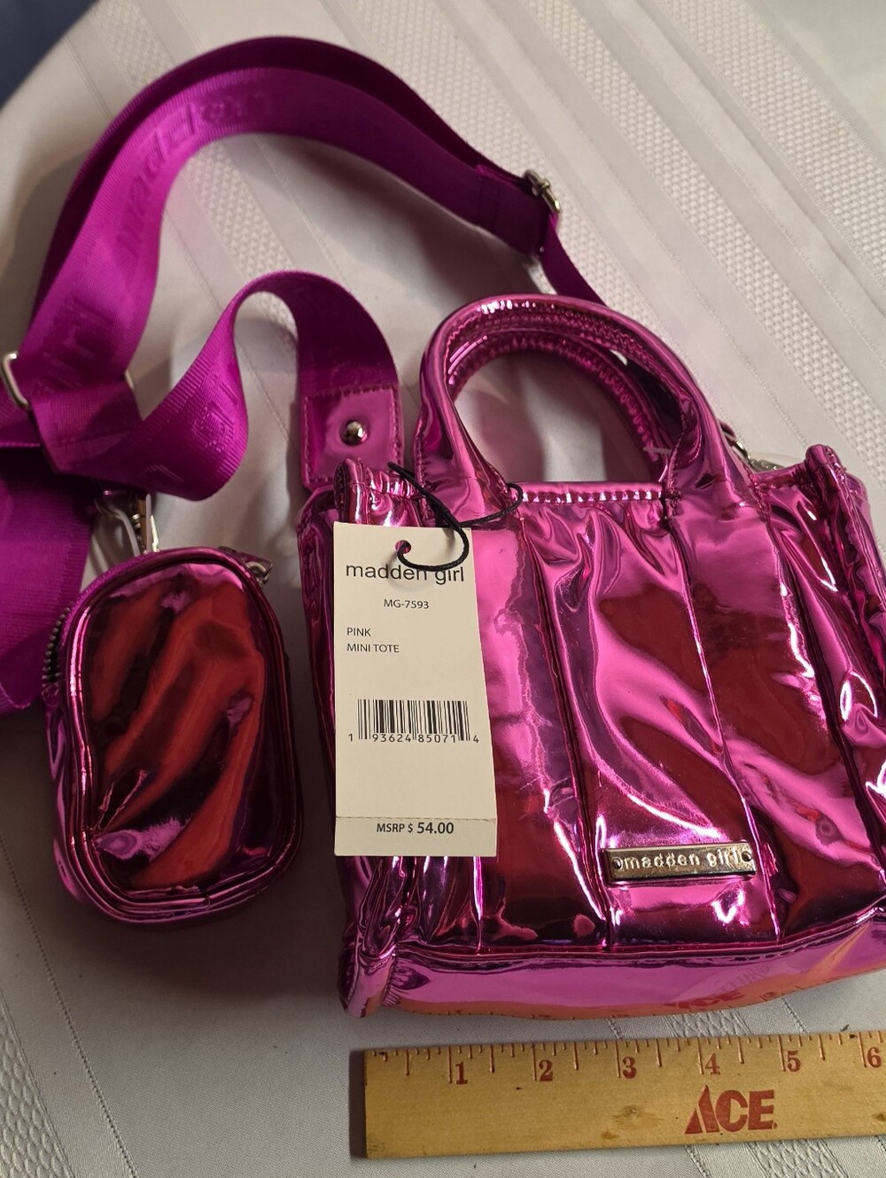 Madden Girl Metallic Hot Pink Mini Tote with Detachable Strap